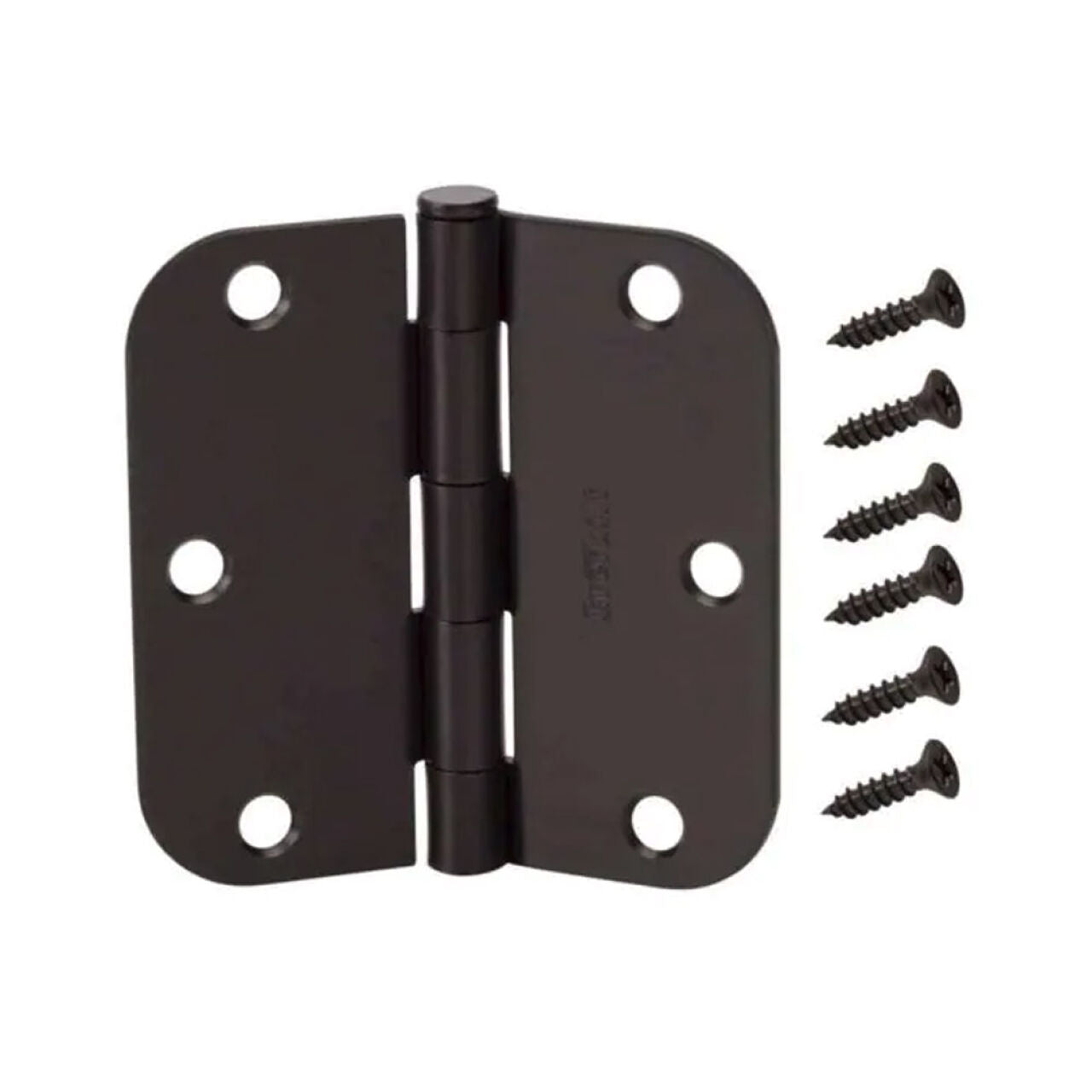 The Go Build 3-1/2 in. (5/8 in. rad.) Round Corner Door Hinge in matte black features four screw holes per side and comes with six matching screws, adding a sleek, modern look to any door installation.